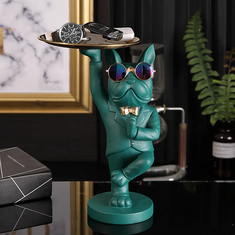 

KungFu бульдог дворецкий с подносом для ключей хранение ювелирных изделий скандинавский Декор для дома статуи собаки из смолы скульптура укра...