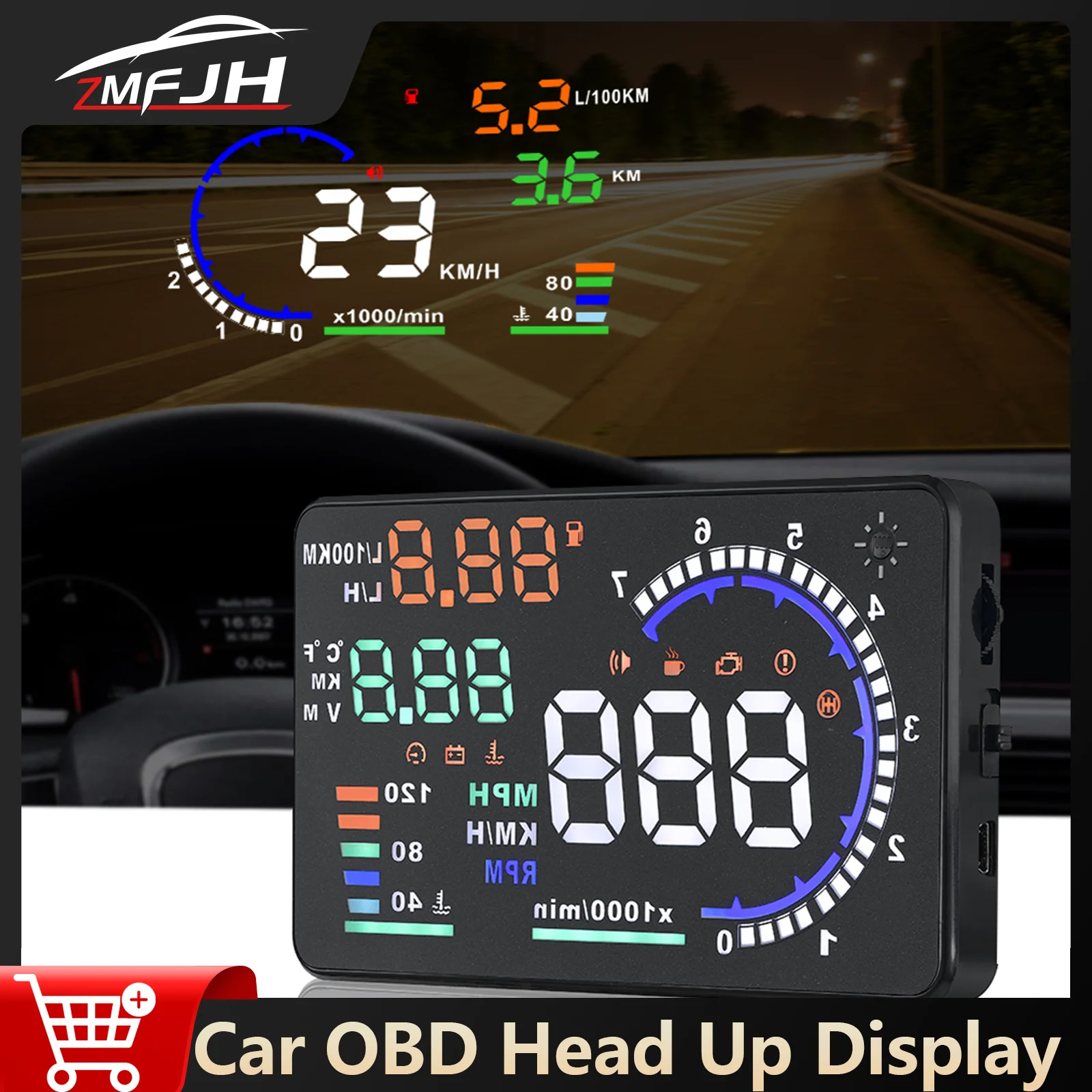 

A8 5,5 ''OBD2 автомобильный проекционный дисплей для HUD, проектор на лобовое стекло, цифровой спидометр, температура воды, обороты, напряжение, усталость, сигнализация вождения