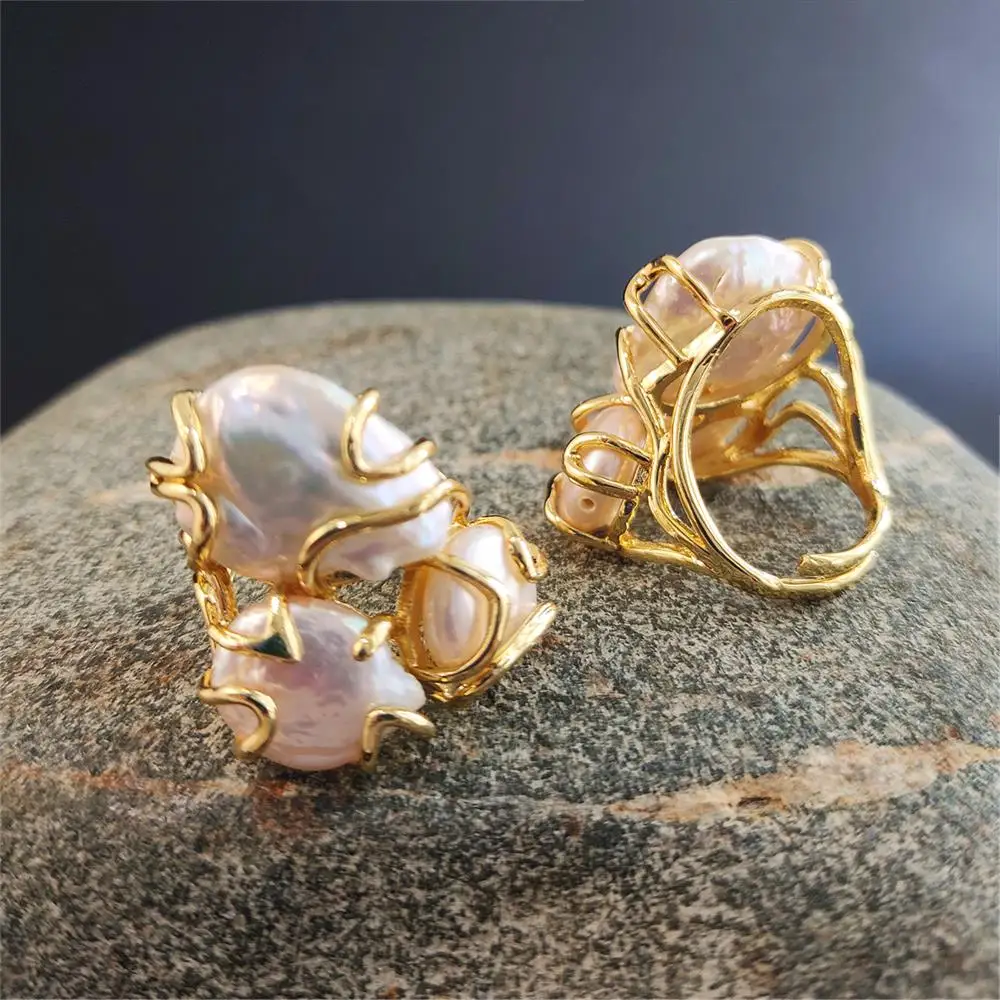 1 шт. великолепное кольцо с натуральным жемчугом FUWO покрытое золотом три камня