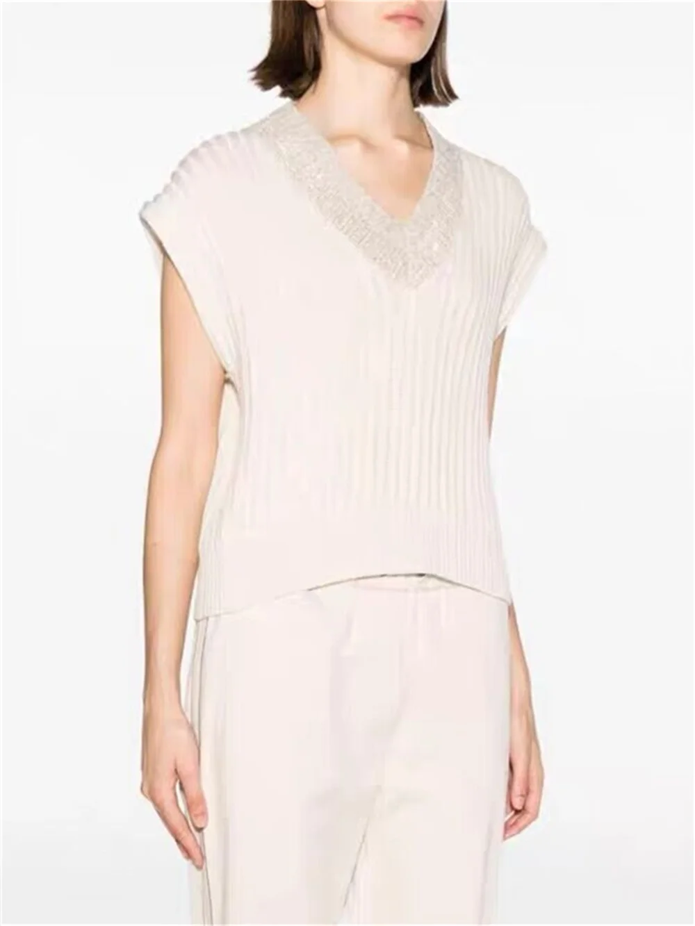 

Women V-Neck Bead Chain Decpration Sweater Autumn New Ladies Solid Color 100% Cashmere Loose Pullover Tops