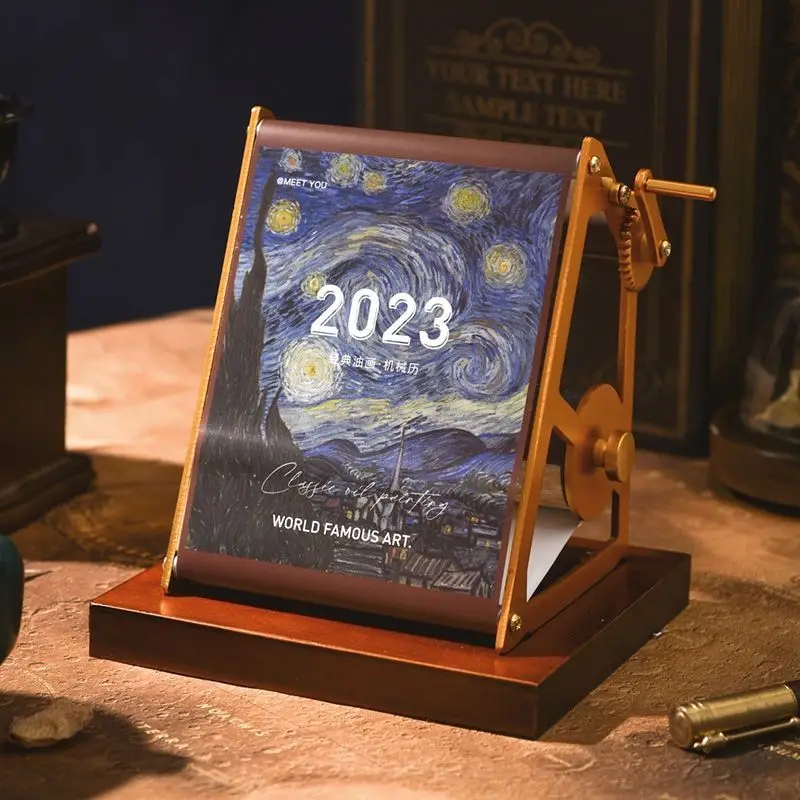 Student Hand-cranked Mechanical Calendar 2023 Literary Oil Painting Tabletop Decoration Wooden Creative Gift Surrounding