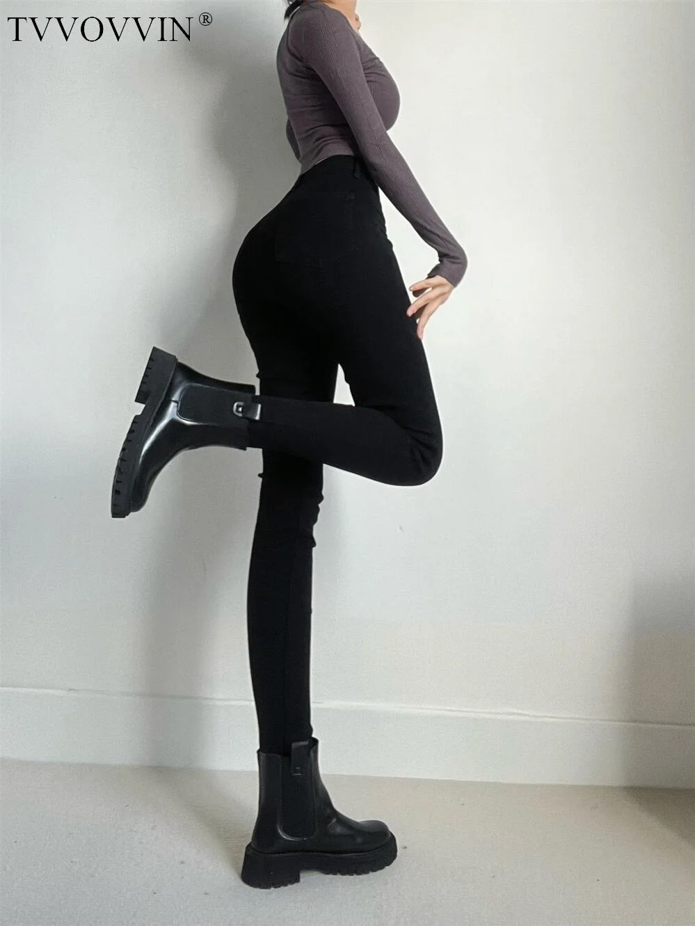 

TVVOVVIN Spice Girl One Button Black Tight Denim Pants Women Slim Super Elastic Versatile Pencil Pants Spring TED5