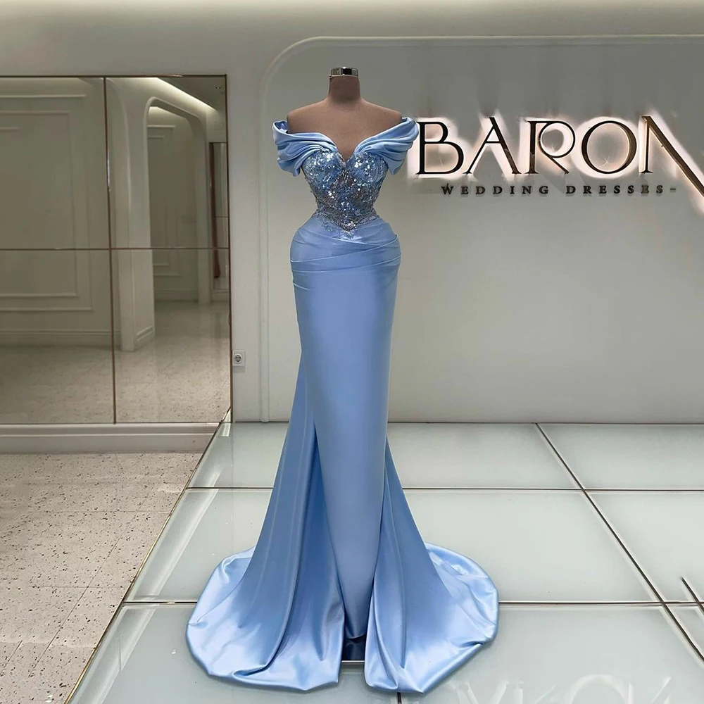 

Msikoods Sky Blue Evening Dresses Pleat Off Shoulder Mermaid Celebrity Gowns Sequins Bodycon Prom Bridal Party Dress Custom Made