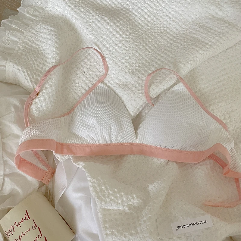 Japanese cotton brassiere simple color bralette thin straps small chest lingerie gathered bralette girl triangle cup underwear