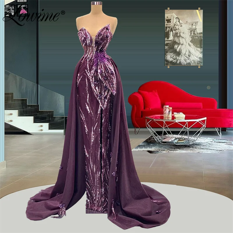 

Фиолетовые длинные вечерние платья с бисером, арабские дубайские блестящие женские платья со съемным шлейфом для вечеринки 2022