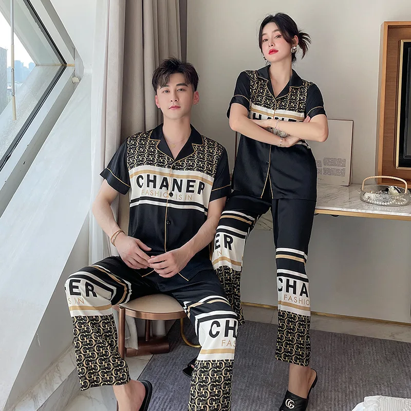 2022 couple pajamas for men and women spring and summer letter printing ice silk imitation silk thin sweet homewear suit