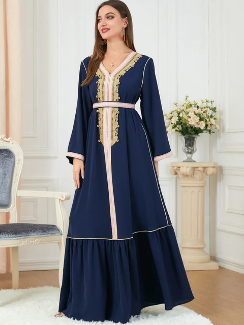 Abaya 2022 Muslim Evening Dress Embroidery Belted Kaftan Long Sleeve Pleated Patchwork Robe Moroccan Caftan Woman