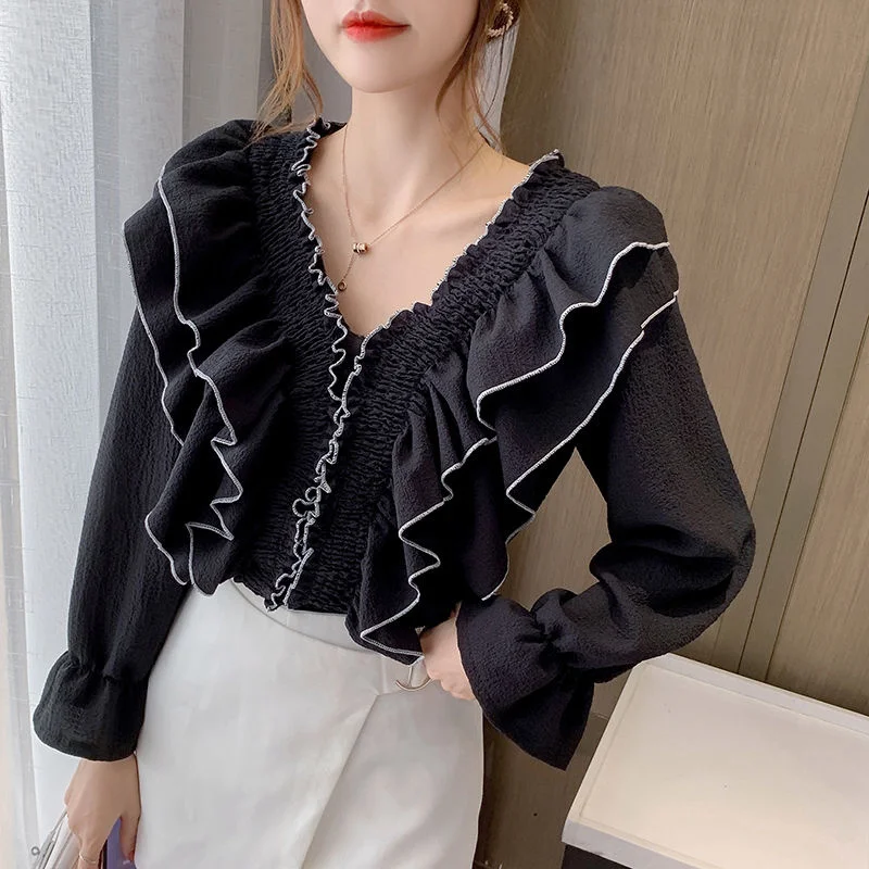 

Chic Blouse Fairy V-neck Ruffle Sweet Aging Flare Sleeve Shirt Fashion Tops 2022 Spring Autumn Korean Ins Kawaii Clothes