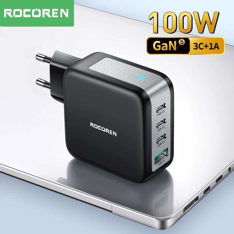 

Rocoren 100W GaN Charger PD QC 4.0 3.0 Fast Charge USB Type C Quick Charging Phone Charger for iPhone 14 13 12 Pro Max Macbook
