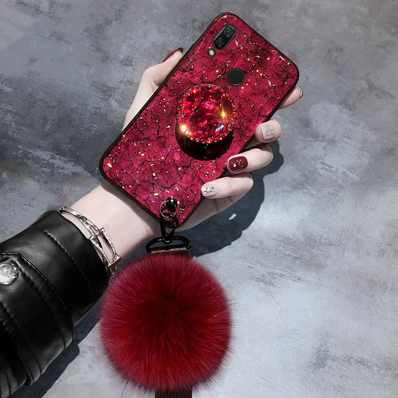 Luxury Marble Glitter Hairball Case For Huawei Y9 Prime 2019 Y6 Y7 2018 2019 P20 Pro P30 Lite P40 Lite P30 Pro Cute Bling Cover
