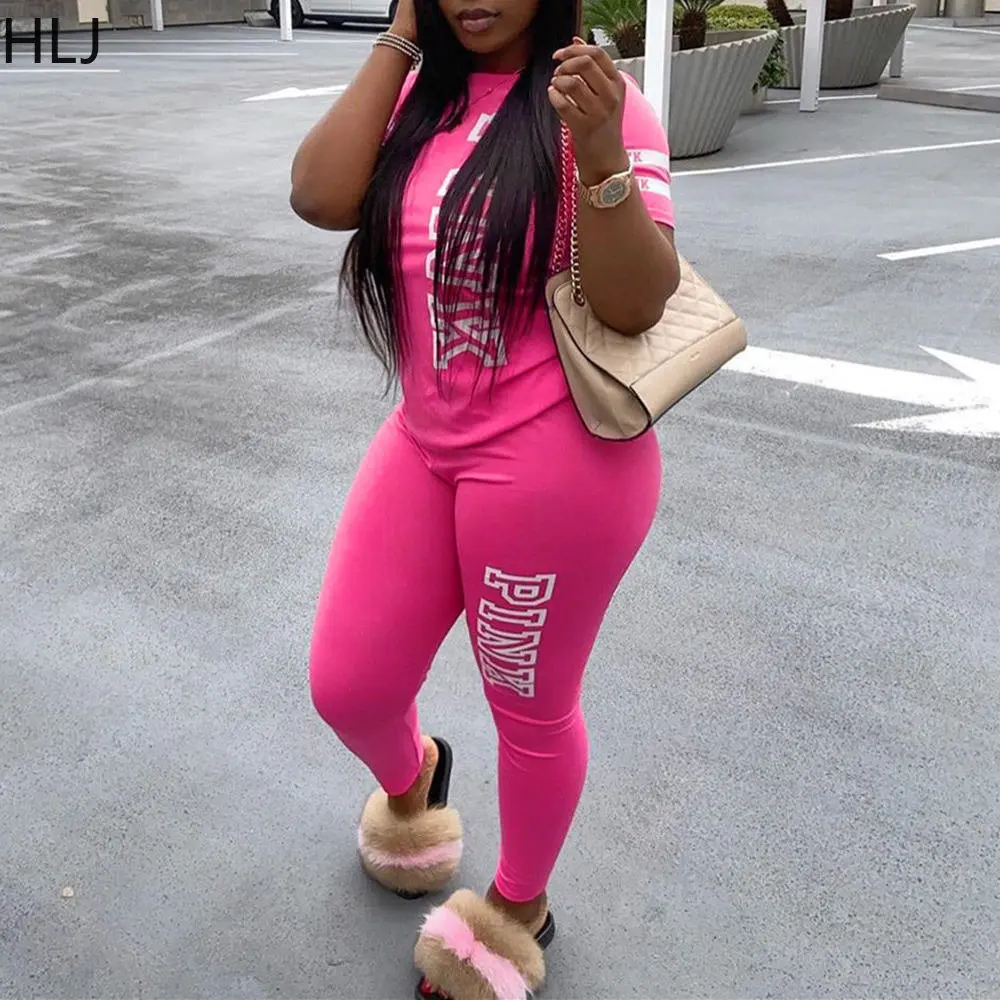 

HLJ Casual PINK Letter Print Tracksuits Women Round Neck Short Sleeve Tshirt + Jogger Pants Two Piece Sets Fashion 2pcs Outfits