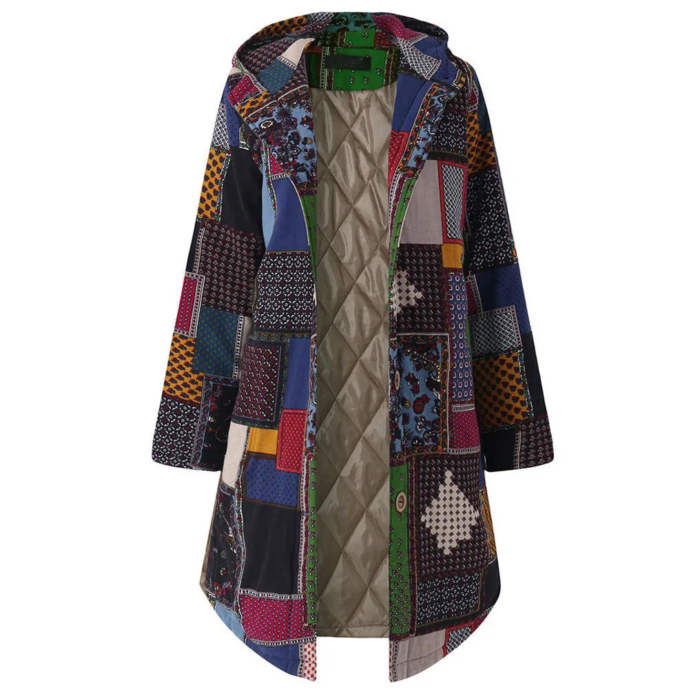 

Women Hooded Long Sleeve Vintage Ladies Fleece Thicken Coats Button Long Coat