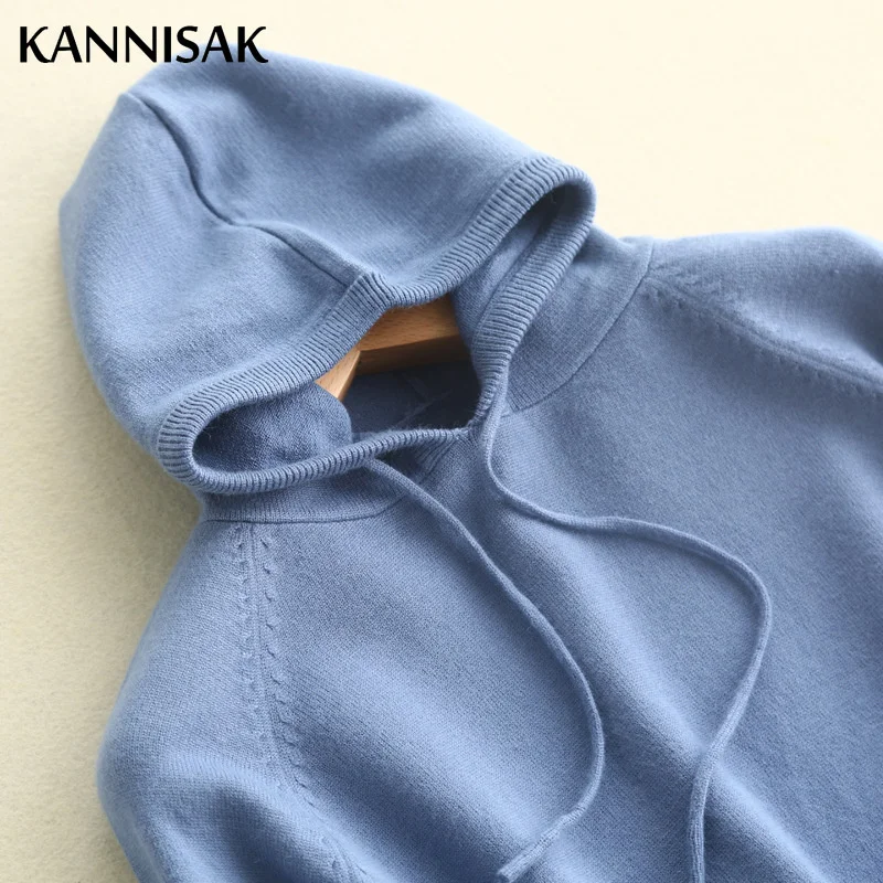 

KANNISAK Spring Autumn Women Hoodies 2023 New Solid Sweatshirts Long Sleeve Hooded Hoodie Loose Lady Casual Knitted Pullovers