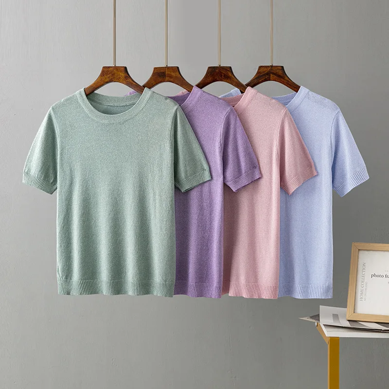 

YEMOGGY Summer Women's T-shirts 2023 New Casual Loose Shiny Silk Slim Fit Short Sleeve Knitwear Pullover T-shirt Bottom Tops