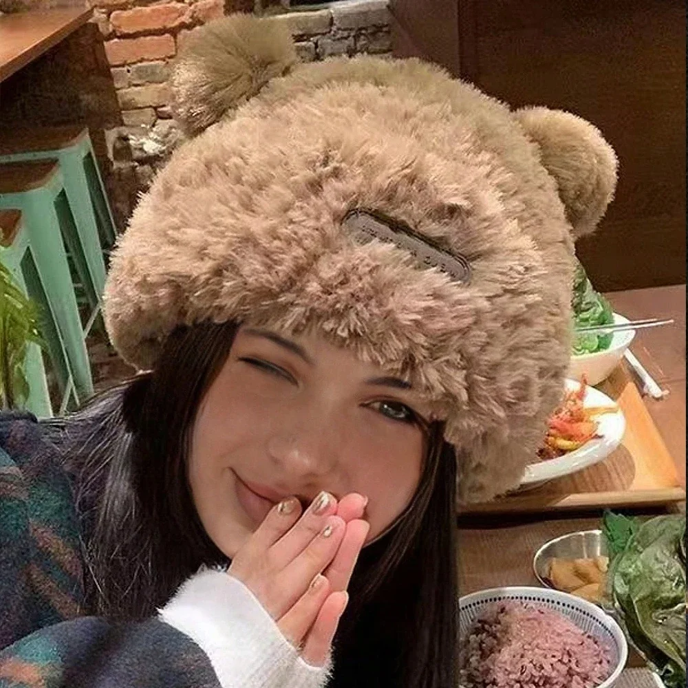 Милая осенне-зимняя вязаная шерстяная шапка с медведем и защитой ушей женская