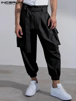 incerun 2022 american style fashion new men solid pocket trousers casual streetwear male loose comfortable long belt pants s 5xl