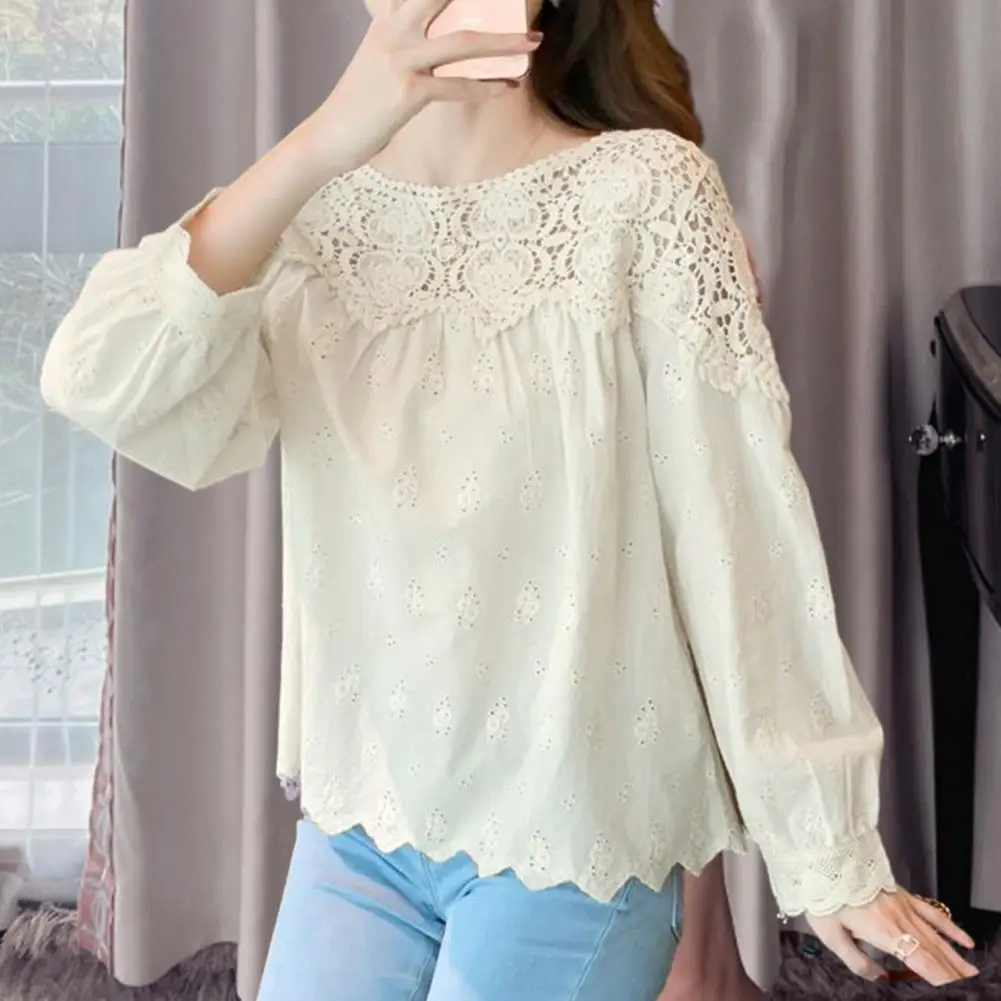 

Blouse Women Top Hollow Out Embroidery Short Sleeve Round Neck Flower Edge Solid Color Loose Lady T-shirt Blouse Undersized