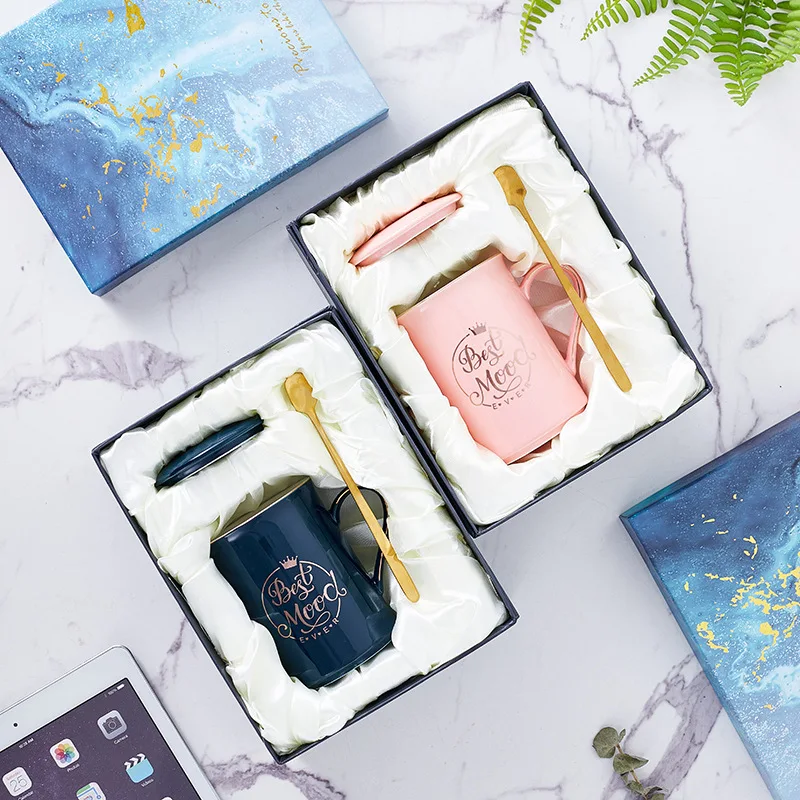 

Ceramic Water Cup Couple Pair Cup Creative Souvenir Mug With Lid Gift Box Set Birthday Gift