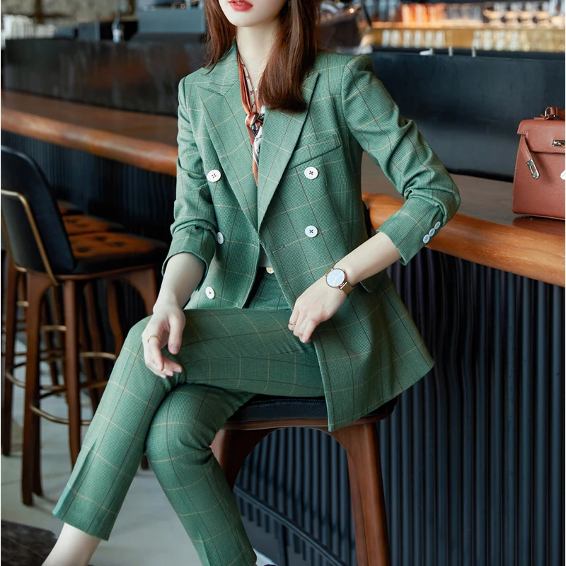

Women Two Piece Outfits Women Office Lady Suit Fashion Blazer Pant Sets Simple Plaid Suit Collar Long Sleeve Coat+ Trousers