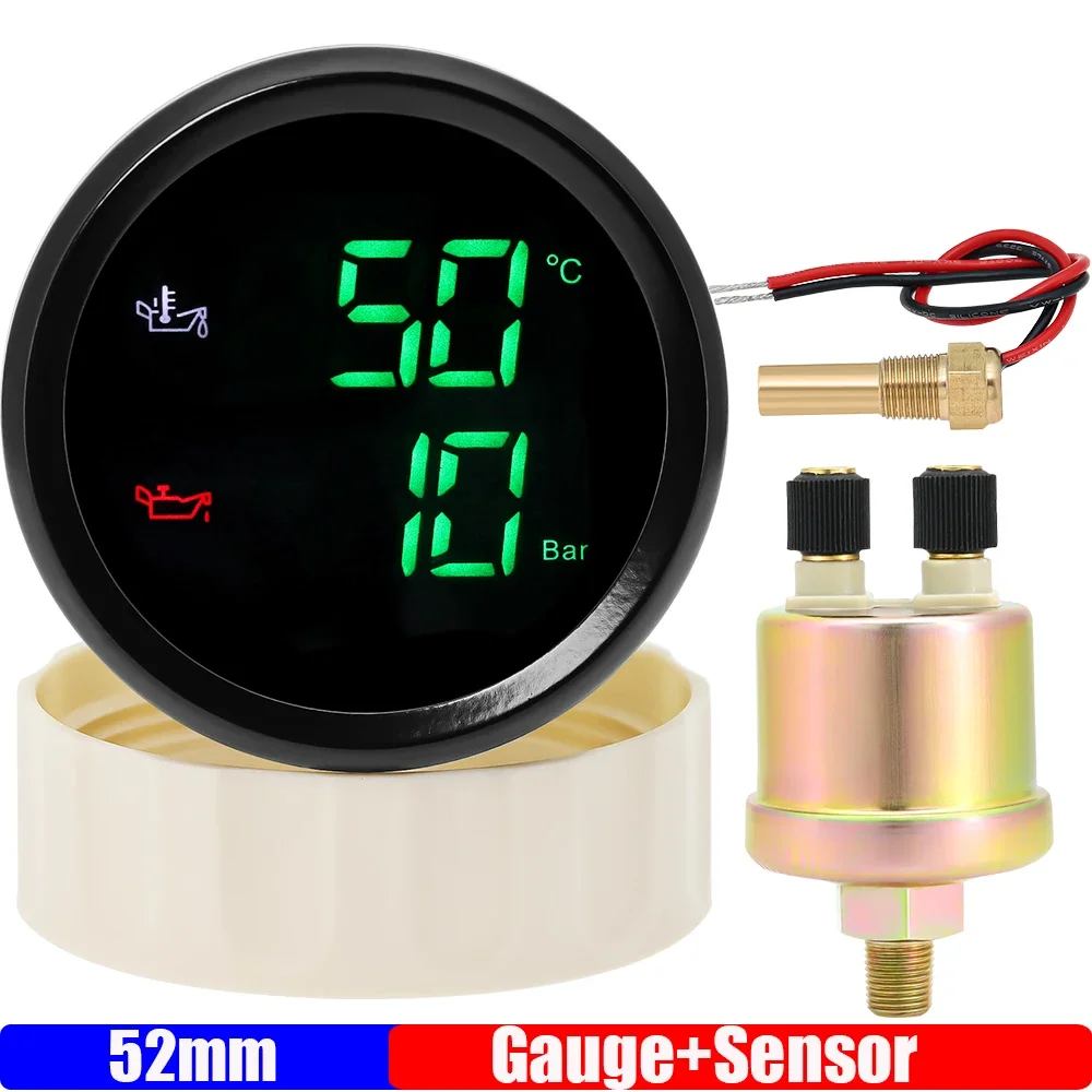 Цифровой датчик температуры масла 2 в 1 + датчик давления масла, зеленый, красный светодиод, манометр 52 мм с датчиком масляного датчика/температуры для автомобиля, лодки, 12 В, 24 В, на заказ