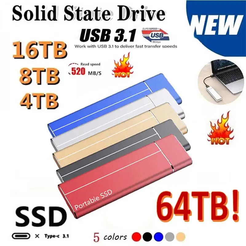 

Portable High-speed Solid State Drive 2TB 4TB 8TB 16TB 64TB SSD Mobile Hard Drives External Storage Decives for Laptop Pc MAC
