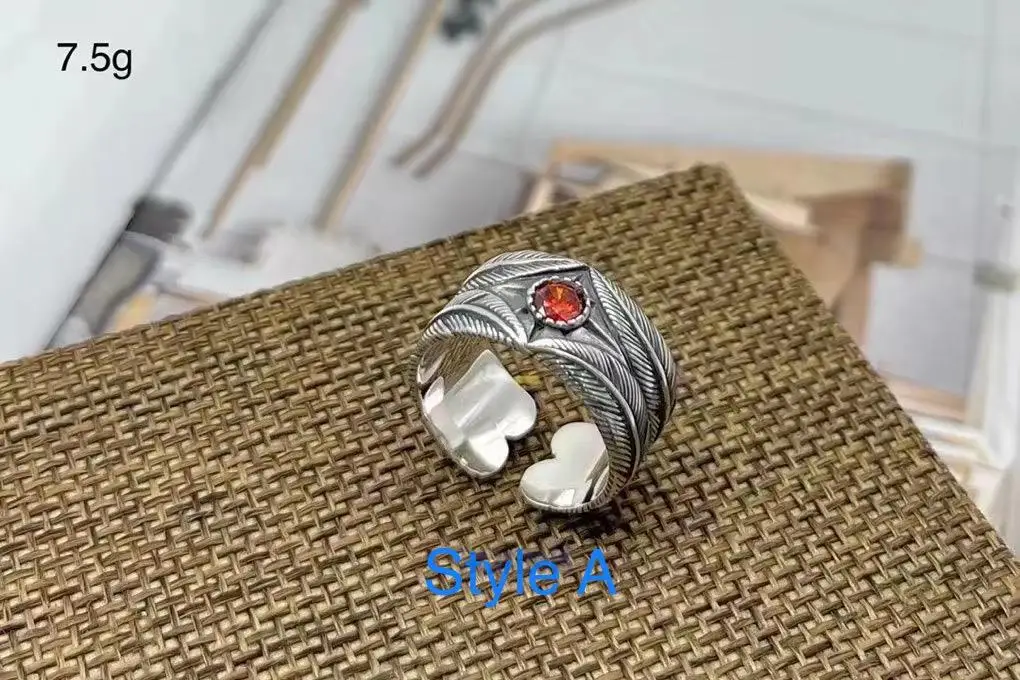 

Hot selling new feather red zircon open adjustable ring for men women guarantee 100% S925 Sterling Silver Retro Thai Silver gift