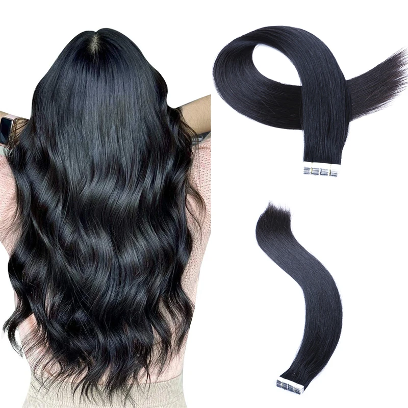 Real Human Hair Black Tape in Hair Extensions Silky Straight Seamless Skin Weft Tape in Hair Extensions For Women