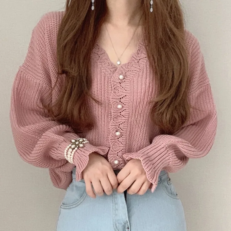 

Sweet Hollow Out Pearl Button Knitted Cardigan Sweaters Autumn/Winter Women's New Loose Vintage Hook Flower V-Neck Sweater Coats