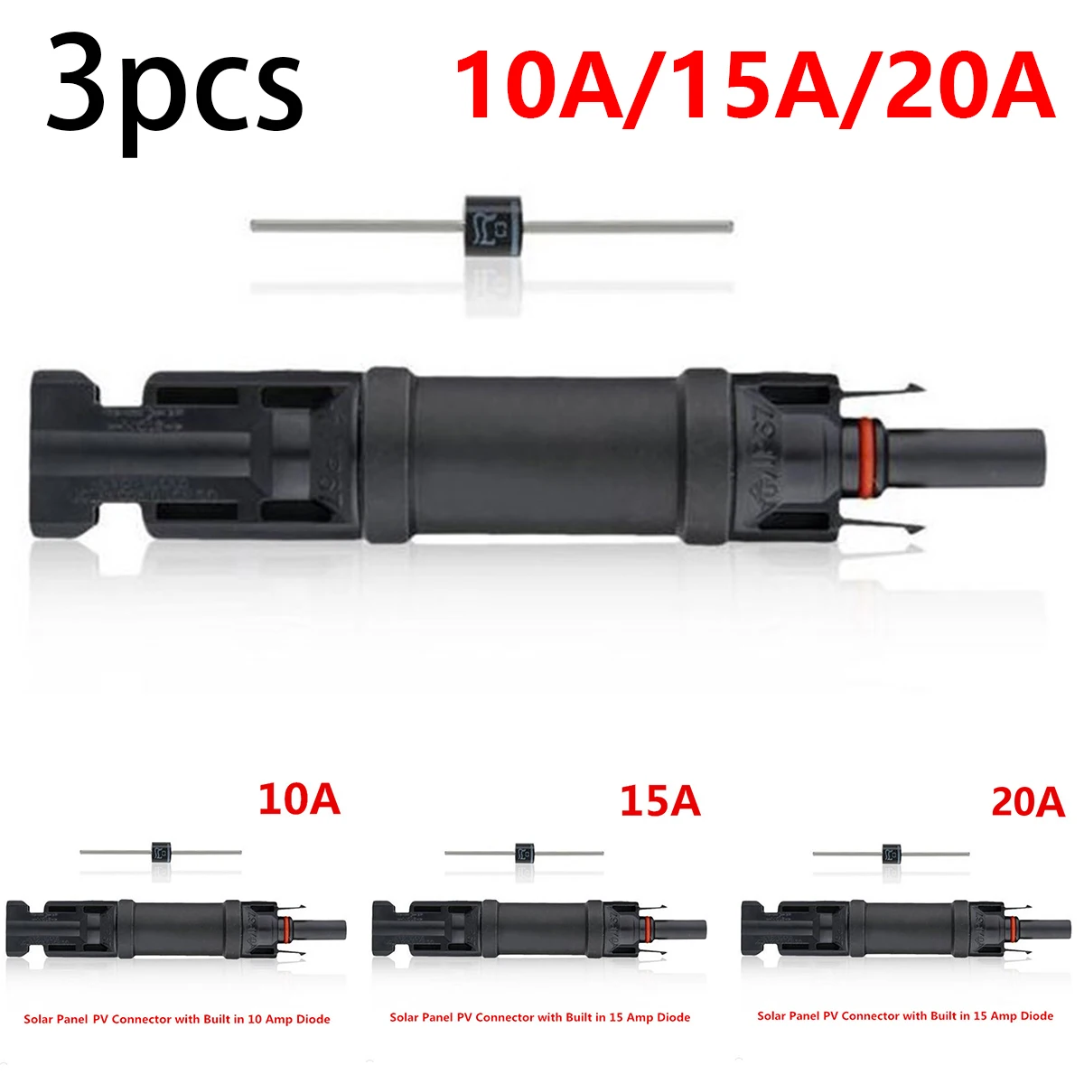 

With Diode Connector 3pc PV Diode Brand New IP68 Waterproof Injection Molding PV Connector With 15A 10A Diodes