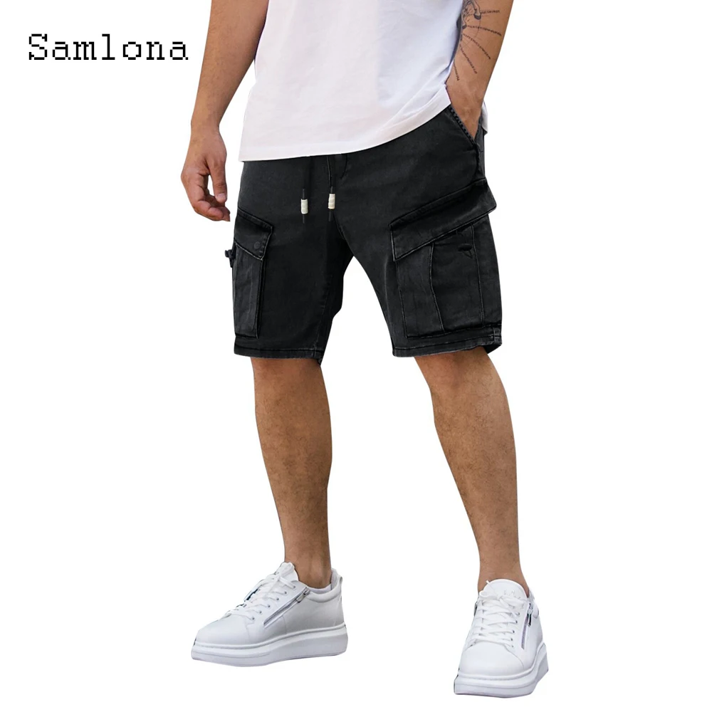 Men Fashion Demin Shorts Mid Waist Stand Pockets Denim Bottom Loose Vintage Hole Ripped Short Jeans Male Summer Cargo Half Pants