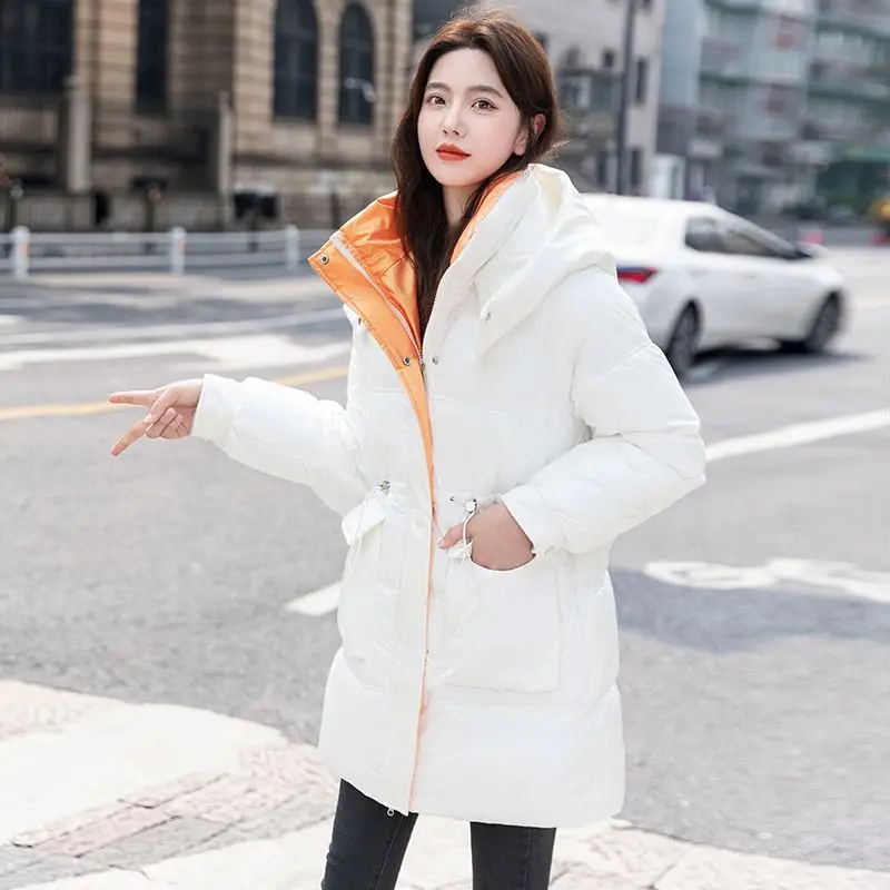 Winter Coats Women Loose Fit Mid-Long Hooded Thickened Warm Down Cotton Jacket Casual Pocket Ladies Parkas Buttons Zipper S69
