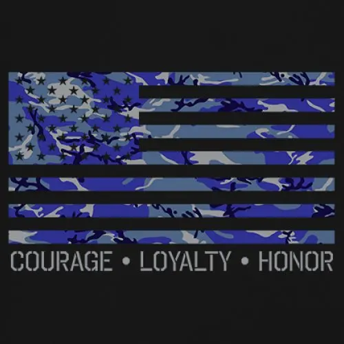 Синяя женская футболка с длинным рукавом американским флагом Courage Loyalty Honor Veteran