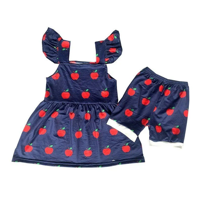 

Модный комплект одежды для маленьких девочек, летний топ без рукавов с оборками и принтом яблок и шорты для бутика, стильная детская одежда ...