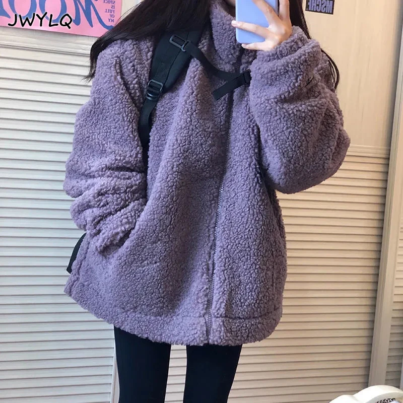 

Harajuku Stand Collar Lamb Swool Winter Clothes Women Solid Color Zipper Preppy Style Thick Coat Women All-match Streetwear Coat