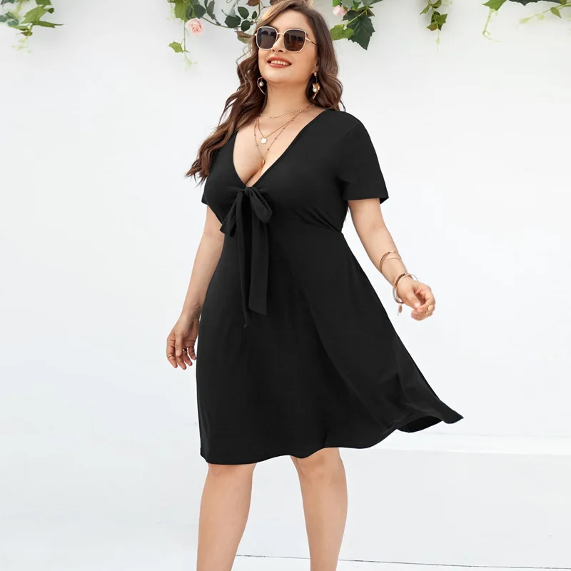 

2022 Summer Plus Size Skirt Sexy Deep V Short Sleeve Dress