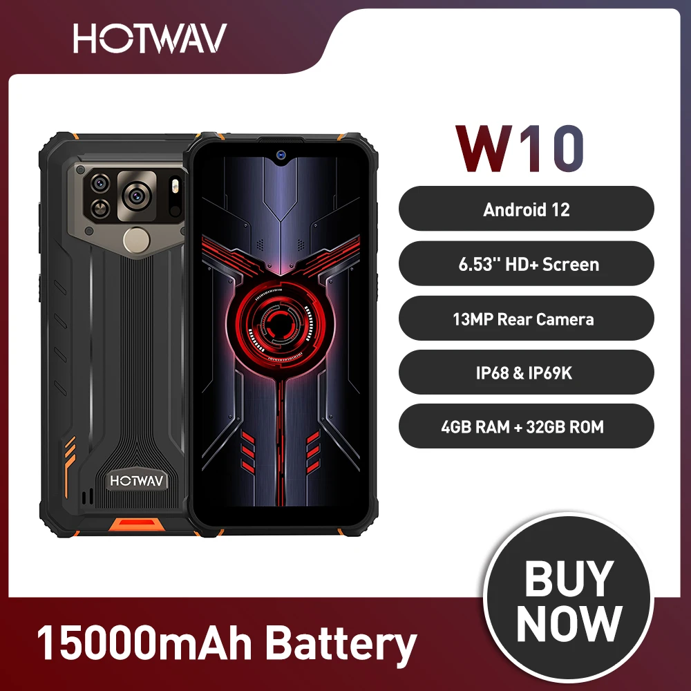 

HOTWAV W10 Rugged Mobile Phone 4GB 32GB Android 12 6.53'' HD+ Cellphone 13 MP Camera 15000mah Large Battery Smartphone