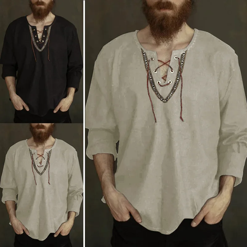 

Summer new men's linen casual loose drawstring stitching printed V-neck long-sleeved shirt