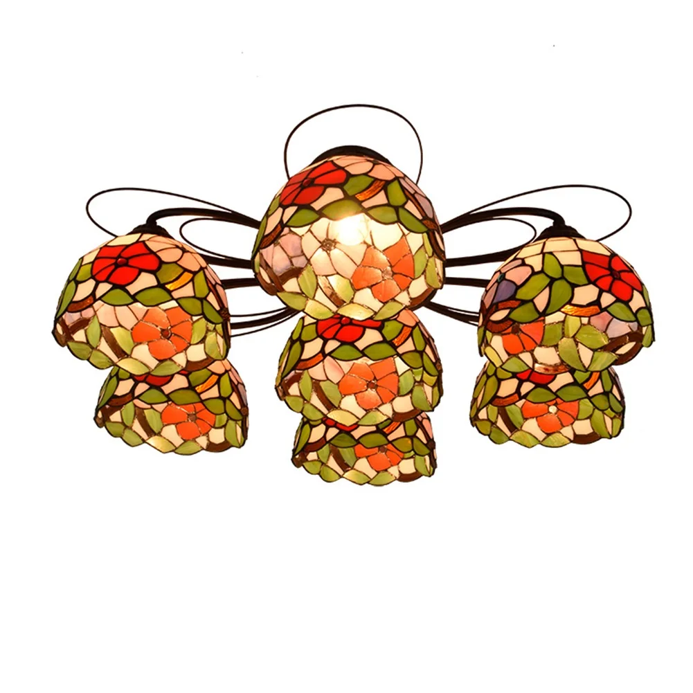 

Потолочная лампа Тиффани 7 с разными насадками, цветной трехцветный стеклянный светильник для гостиной, столовой, спальни, потолочный светильник