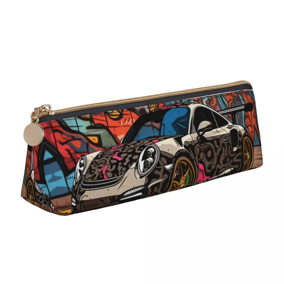 

Classic Sports Car Triangle Pencil Case Cartoon Graffiti School Print Zipper Pencil Box For Child Fashion Leather Pen Bag