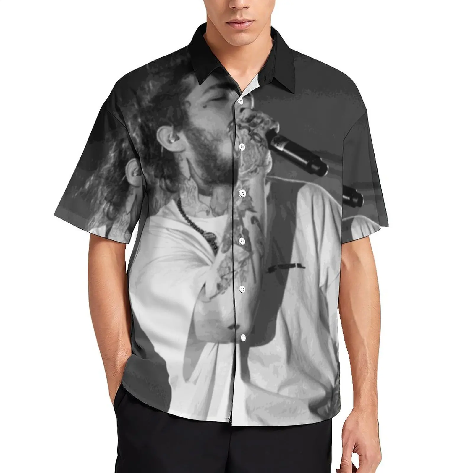 

Black White Malone On Concert Loose Shirt Men Vacation Post Malone Rapper Casual Shirts Hawaiian Short-Sleeved Fashion Blouses