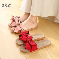 women slippers indoor and outdoor floor korean style lovers non slip sandals thick bottom sweat absorption pearl hemp bow shoes