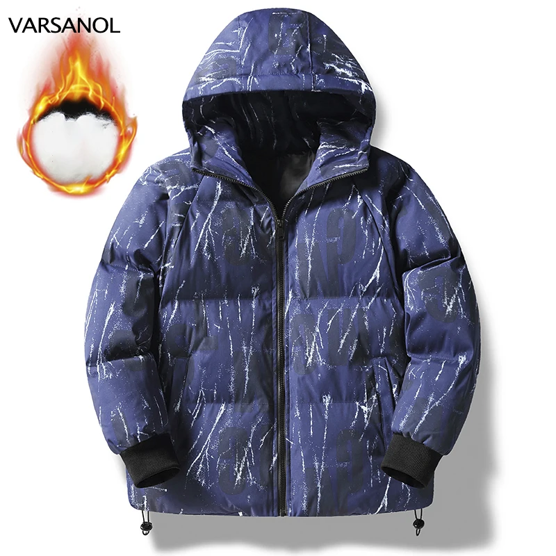 VARSANOL Winter Print Mens Parka Jacket Casual Zipper Hooded Man Coat Clothes Fashion Streetwear Oversize Letter Thick Jacket