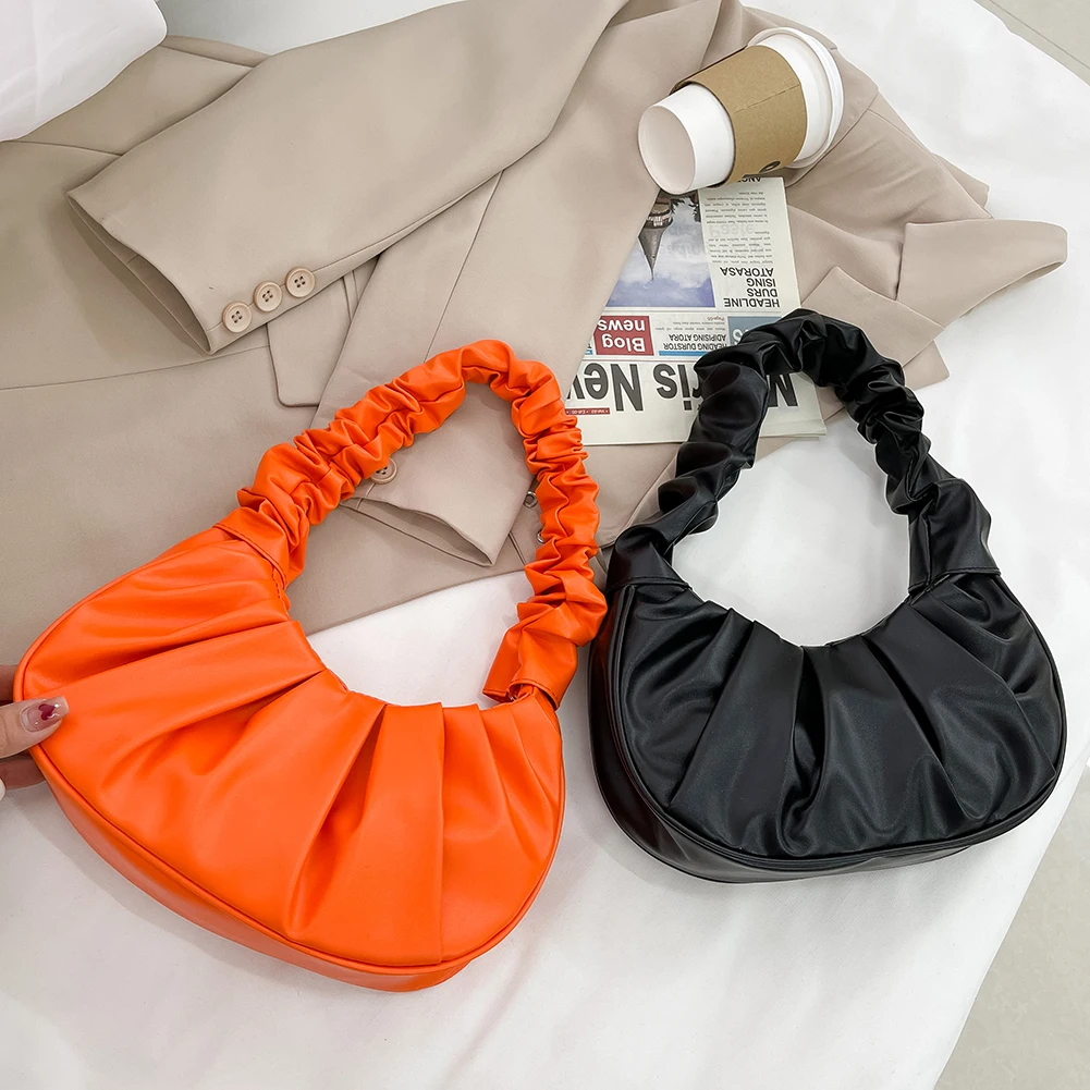 

Pleated PU Shoulder Underarm Bag Women Large Top-handle Summer Pleated Leisure Armpit Solid Color Bag Shopping Shoulder Handbag