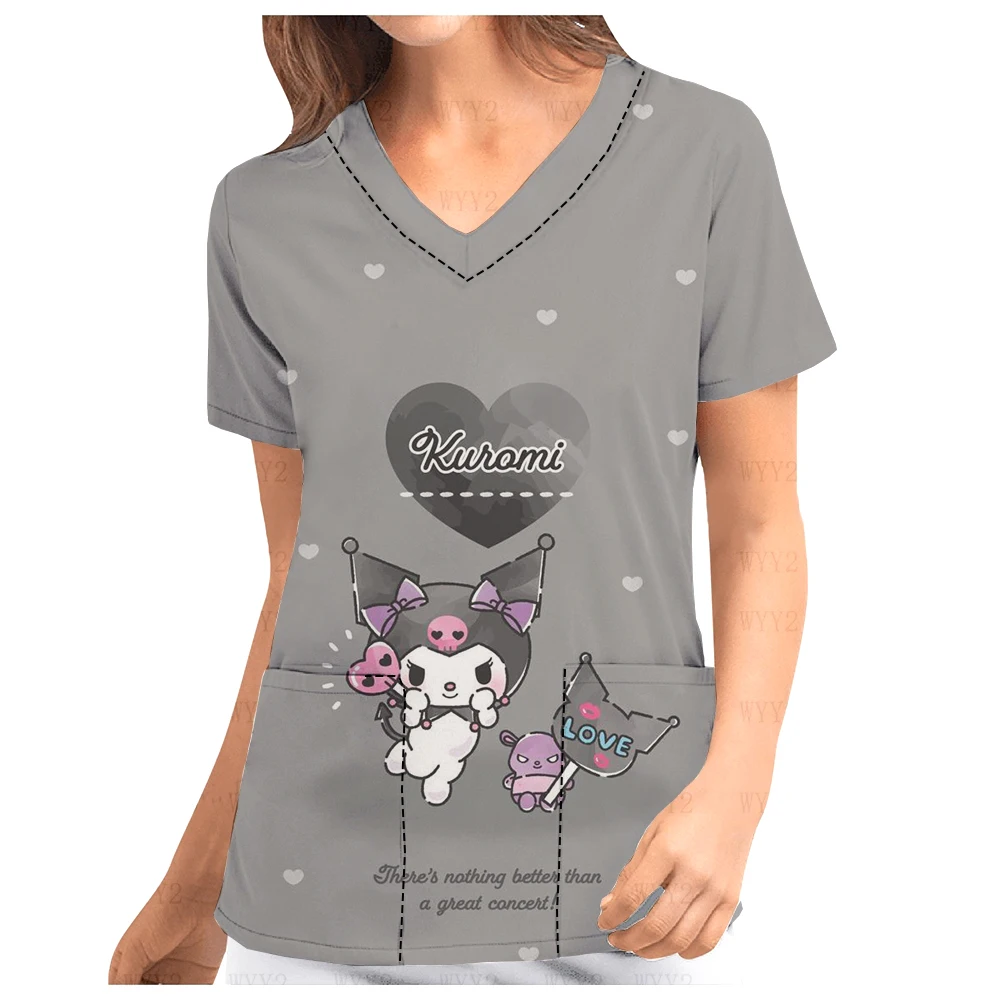 

New Ladies' Nursing Clothing Medical Uniform V-Neck Print Scrub Top Kuromi Cartoon Medical Uniform Women's Work Shirt