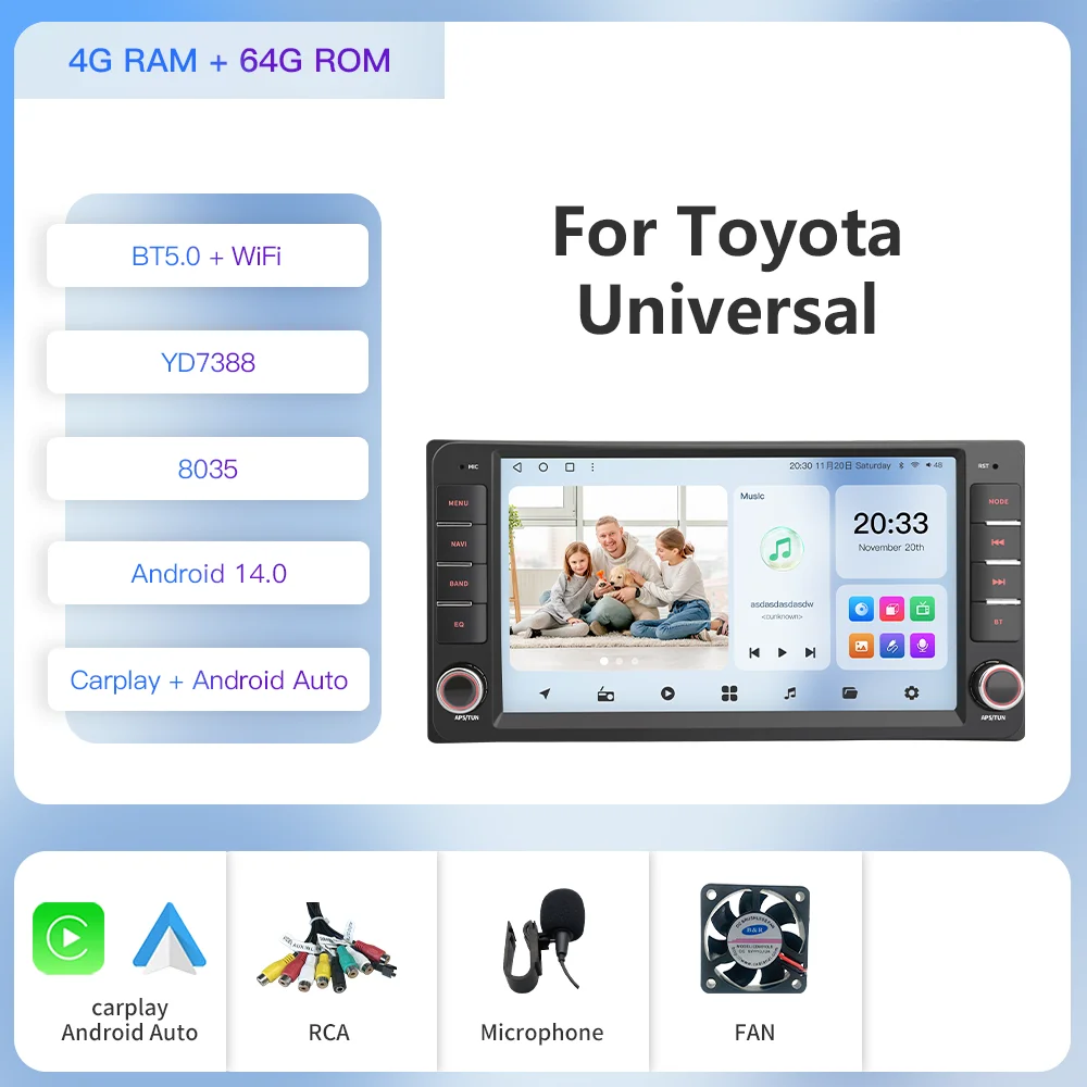 Универсальный автомобильный радиоприемник Kapud Android 12 для Toyota Rav4/Hilux/Camry/Corolla/Terios/Aqua/Vish 200 мм * 100 мм CarPlay Авто DSP GPS SWC