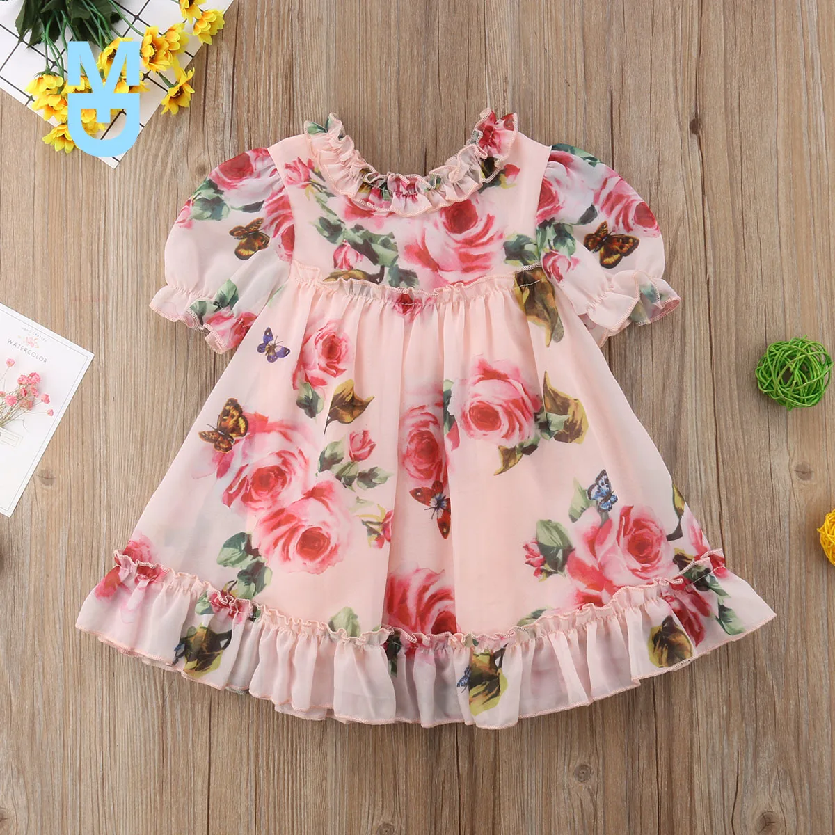 

New Cute Baby Girls Dress Flower Puff Sleeves A -line Dress For Baby Girls Holiday Party Baby Girls Clothing