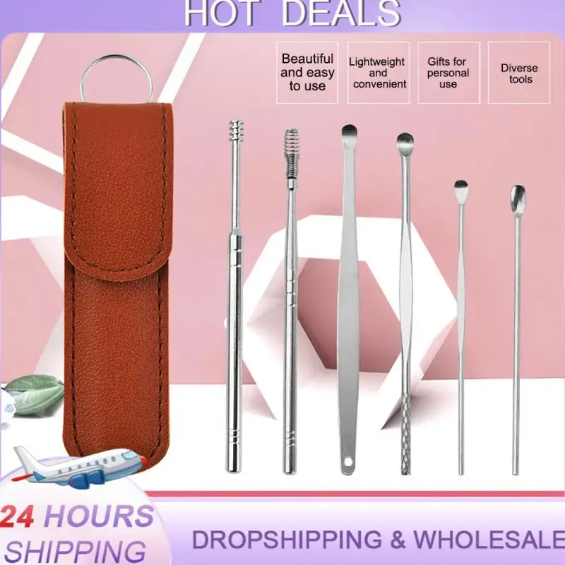 

6Pcs/Set Portable Ear Wax Pickers Stainless Steel Double-headed Ear Cleaner Spoon Earwax Removal Curette Tool Ear Care Set