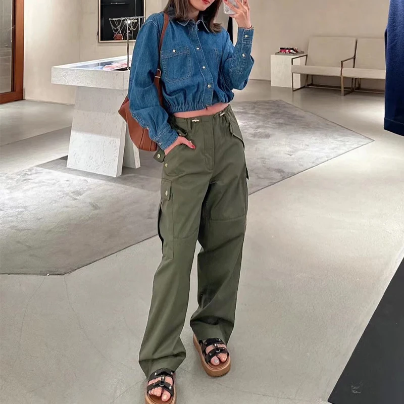 

Брюки-карго женские с металлическими пуговицами, широкие, с высокой талией