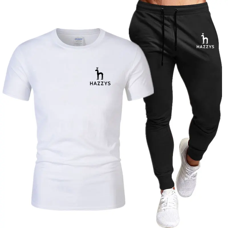 

Летний популярный мужской костюм из футболки и брюк, мужской спортивный костюм, брендовая Повседневная модная хлопковая футболка с коротким рукавом и принтом Hazzys