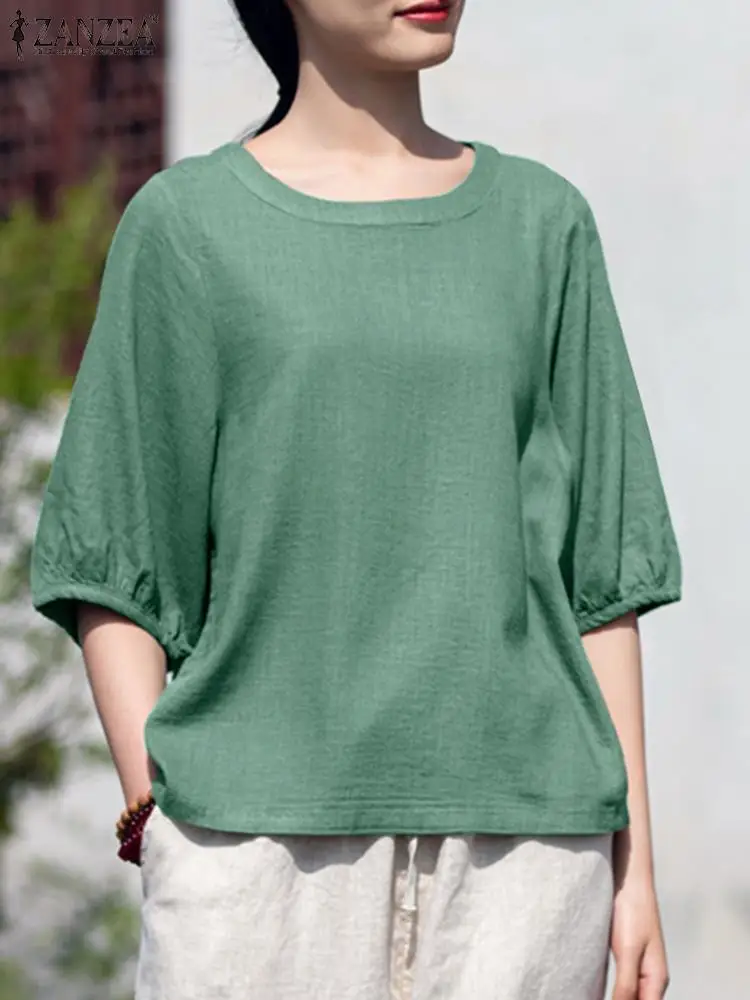 

2023 ZANZEA Fashion Puff Sleeve Blouse Summer Solid O-Neck Casual Tops Female Cotton Shirt Women Elegant OL Office Blusas Mujer